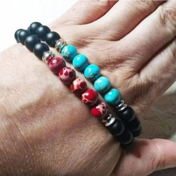 Aqua/Turquoise Colored Sea Sediment Jasper Beaded Unisex Stretch Stone Bracelet! - Picture 7 of 8